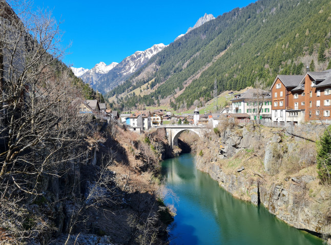 The village of Göschenen along the shores of the Göschenenreuss looking towards the Göscheneralp.